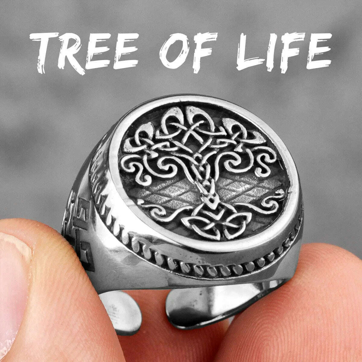 KIMLUD, Viking Tree of Life Celtic Knot Stainless Steel Mens Rings Unique For Male Boyfriend Biker Jewelry Creativity Gift Wholesale, R666-Tree Of Life / 7, KIMLUD Womens Clothes