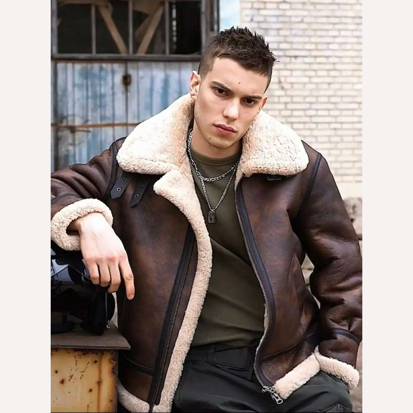KIMLUD, Vintage 2024 New Winter Fashion Men's Genuine Leather Coat Male Pilot Biker Jacket Thick Warm Wool Liner Brown Oversize 62 64 66, KIMLUD Womens Clothes