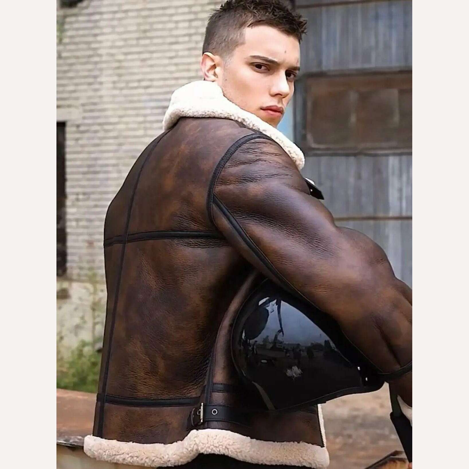 KIMLUD, Vintage 2024 New Winter Fashion Men's Genuine Leather Coat Male Pilot Biker Jacket Thick Warm Wool Liner Brown Oversize 62 64 66, KIMLUD Women's Clothes