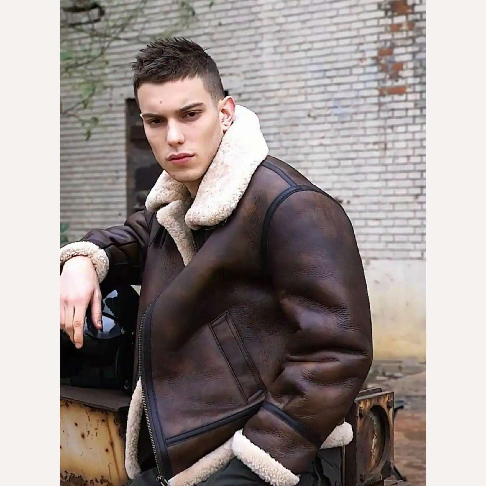 KIMLUD, Vintage 2024 New Winter Fashion Men's Genuine Leather Coat Male Pilot Biker Jacket Thick Warm Wool Liner Brown Oversize 62 64 66, KIMLUD Women's Clothes