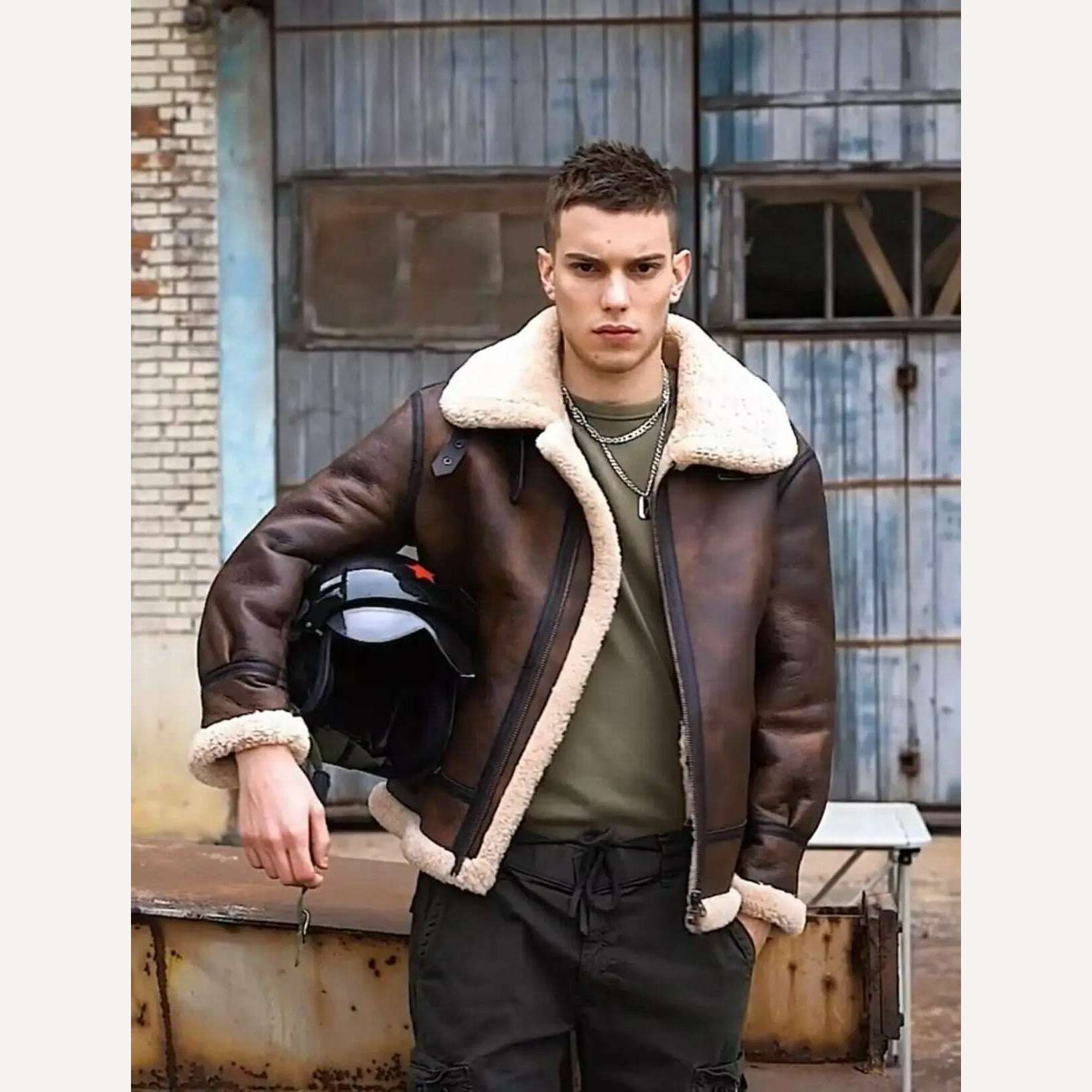 KIMLUD, Vintage 2024 New Winter Fashion Men's Genuine Leather Coat Male Pilot Biker Jacket Thick Warm Wool Liner Brown Oversize 62 64 66, KIMLUD Womens Clothes