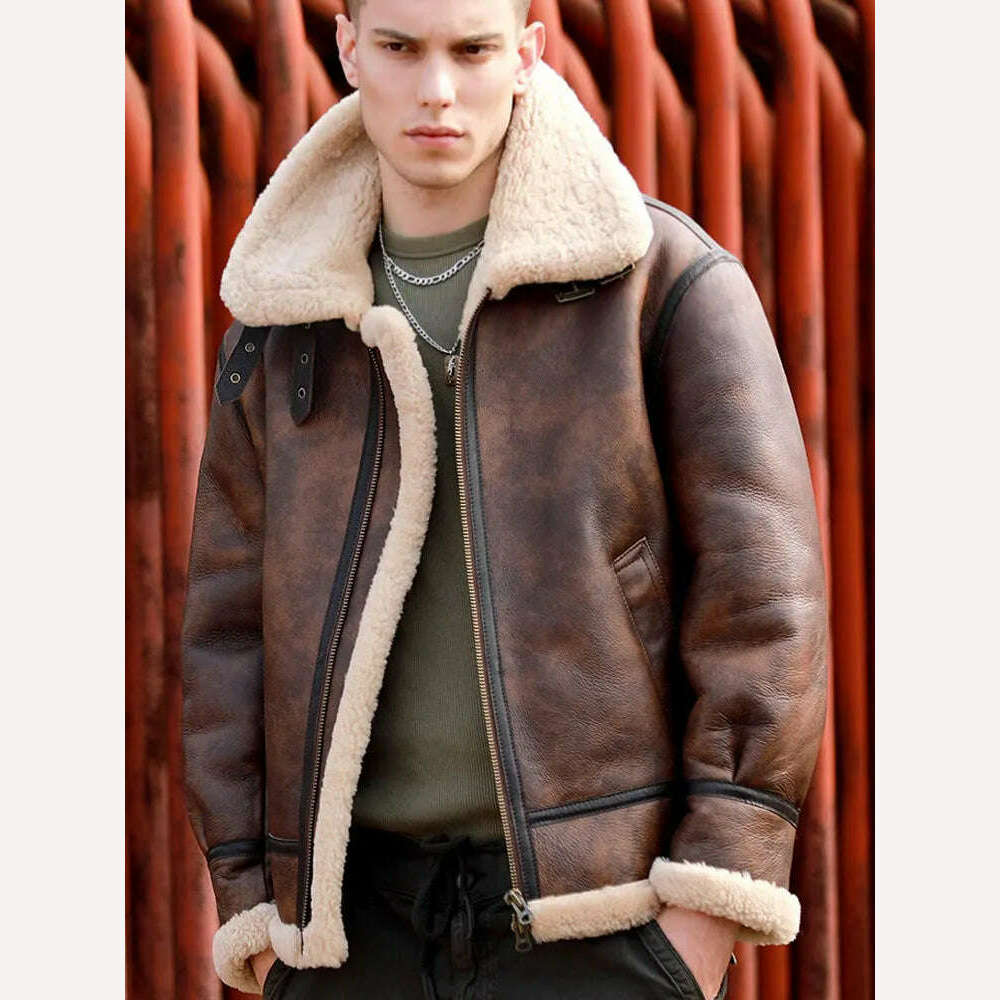 KIMLUD, Vintage 2024 New Winter Fashion Men's Genuine Leather Coat Male Pilot Biker Jacket Thick Warm Wool Liner Brown Oversize 62 64 66, Brown / 48, KIMLUD Womens Clothes