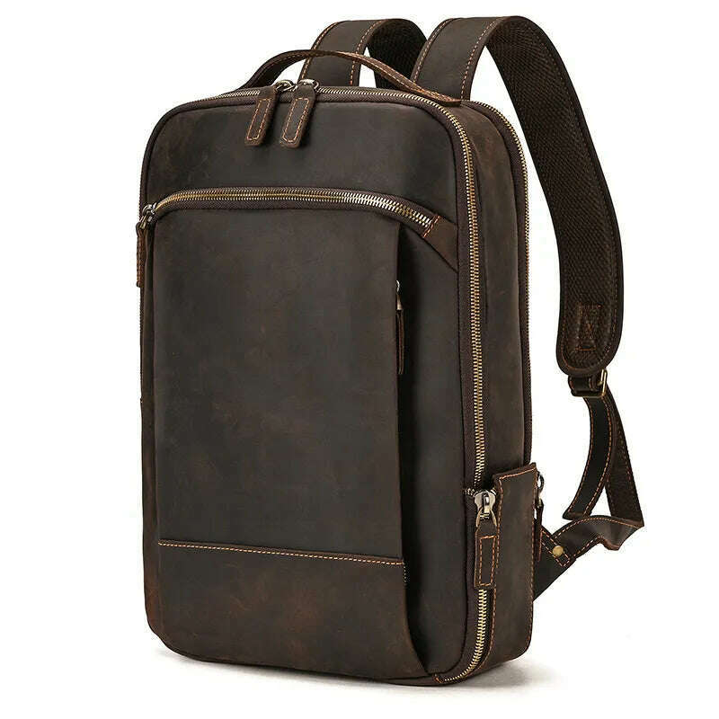 Vintage Backpack Genuine Leather Men's travel bagapck 16 inch laptop bagpack travel bag with belt on luggage school bag - KIMLUD