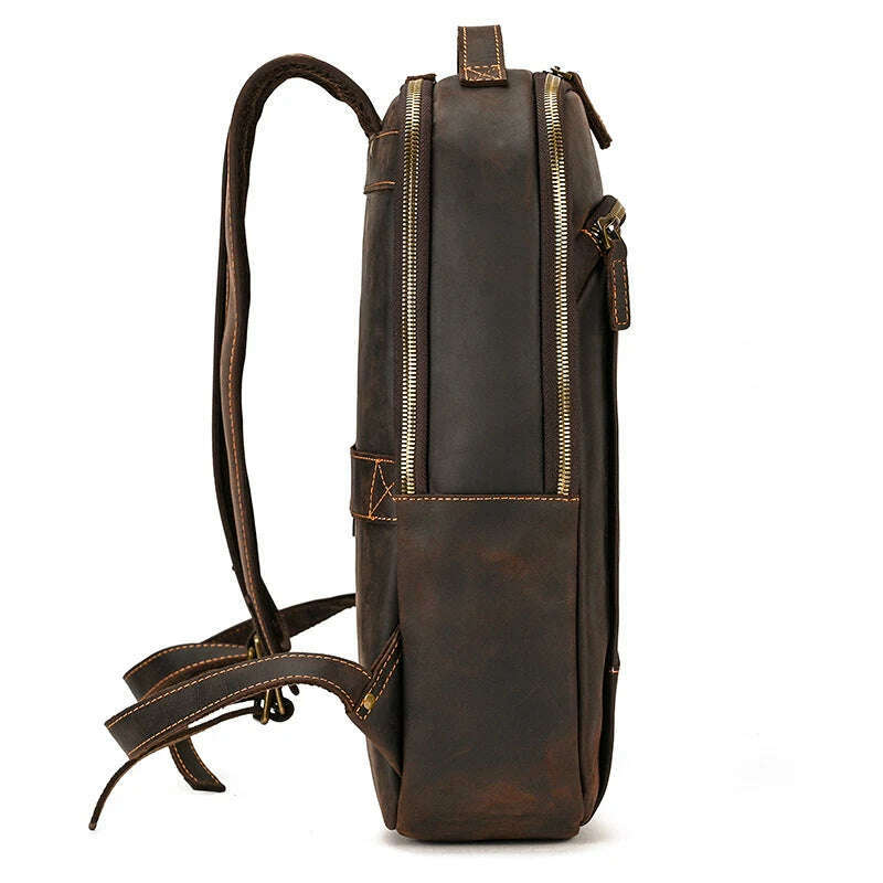 Vintage Backpack Genuine Leather Men's travel bagapck 16 inch laptop bagpack travel bag with belt on luggage school bag - KIMLUD
