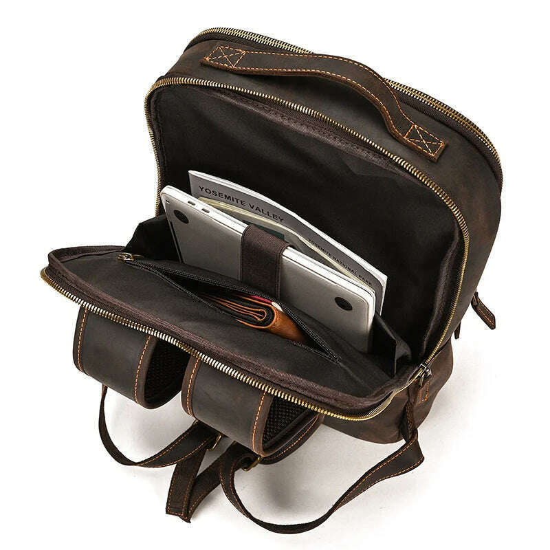 Vintage Backpack Genuine Leather Men's travel bagapck 16 inch laptop bagpack travel bag with belt on luggage school bag - KIMLUD