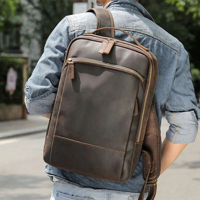 Vintage Backpack Genuine Leather Men's travel bagapck 16 inch laptop bagpack travel bag with belt on luggage school bag - KIMLUD