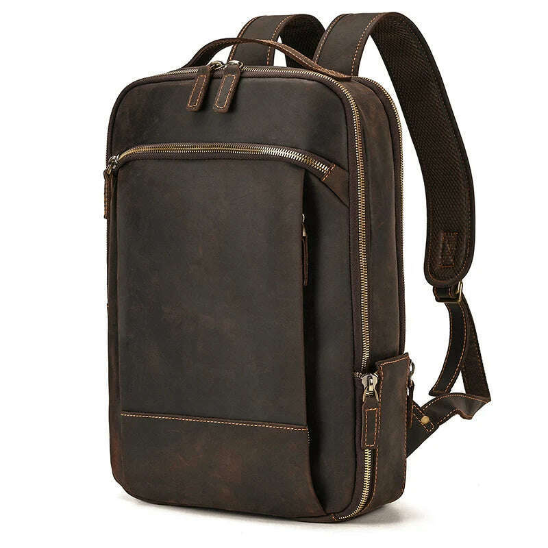 Vintage Backpack Genuine Leather Men's travel bagapck 16 inch laptop bagpack travel bag with belt on luggage school bag - KIMLUD