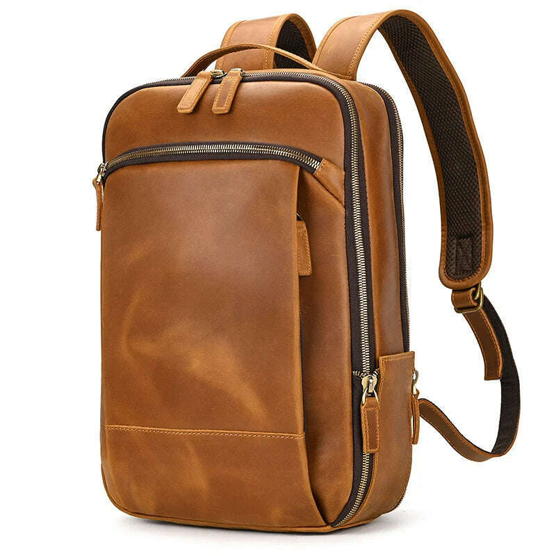 Vintage Backpack Genuine Leather Men's travel bagapck 16 inch laptop bagpack travel bag with belt on luggage school bag - KIMLUD