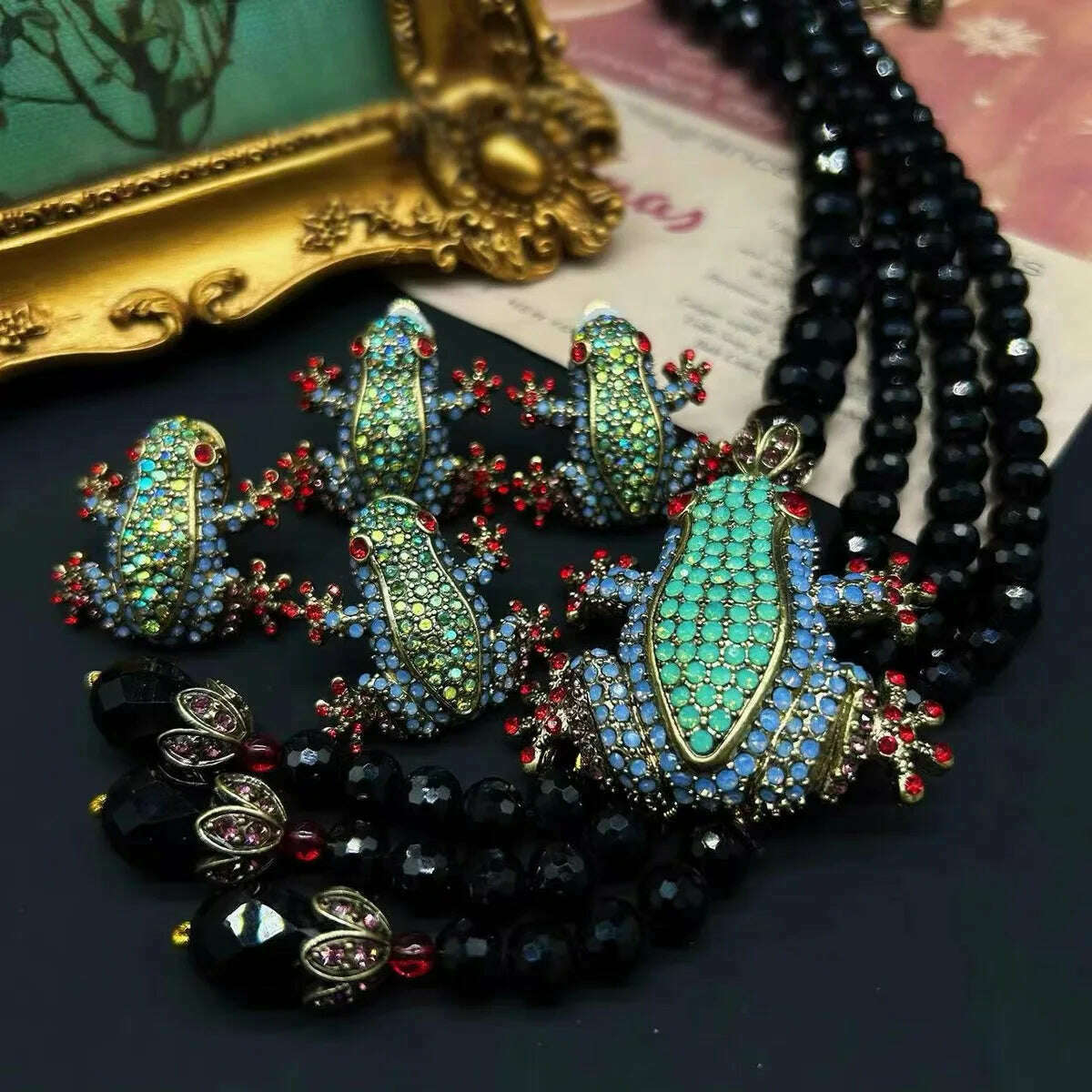 KIMLUD, Vintage Bohemian flowery animal frog set necklace earrings, KIMLUD Womens Clothes