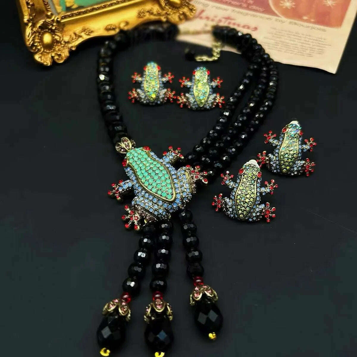 Vintage Bohemian flowery animal frog set necklace earrings, KIMLUD Women's Clothes