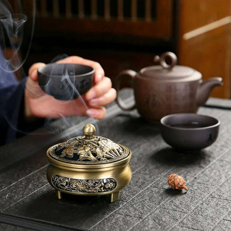 Vintage Brass Lotus Incense Burner Metal Buddhism Buddha Holder Hollow Out Copper Three Legged Sandalwood Censer Home Decoration - KIMLUD