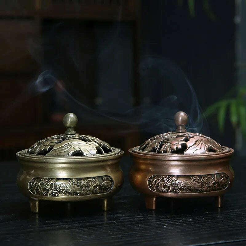 Vintage Brass Lotus Incense Burner Metal Buddhism Buddha Holder Hollow Out Copper Three Legged Sandalwood Censer Home Decoration - KIMLUD