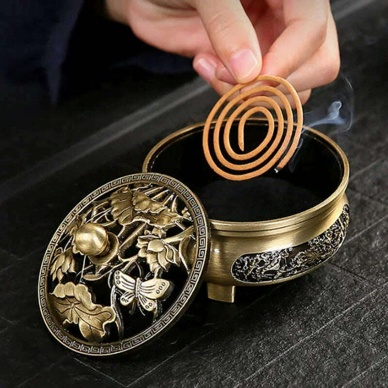 Vintage Brass Lotus Incense Burner Metal Buddhism Buddha Holder Hollow Out Copper Three Legged Sandalwood Censer Home Decoration - KIMLUD