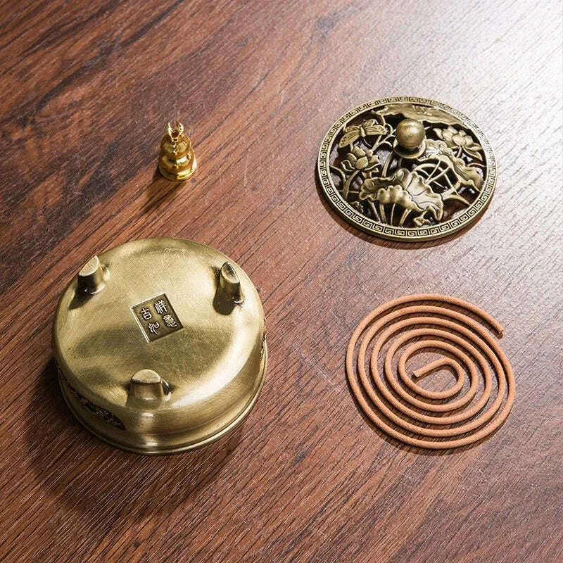 Vintage Brass Lotus Incense Burner Metal Buddhism Buddha Holder Hollow Out Copper Three Legged Sandalwood Censer Home Decoration - KIMLUD