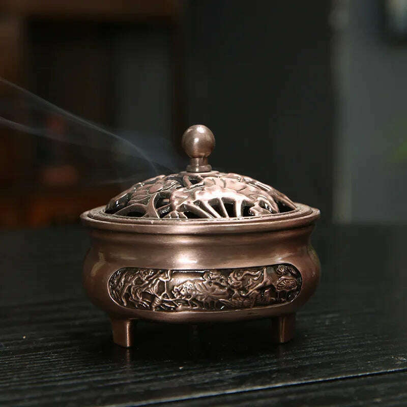 Vintage Brass Lotus Incense Burner Metal Buddhism Buddha Holder Hollow Out Copper Three Legged Sandalwood Censer Home Decoration - KIMLUD