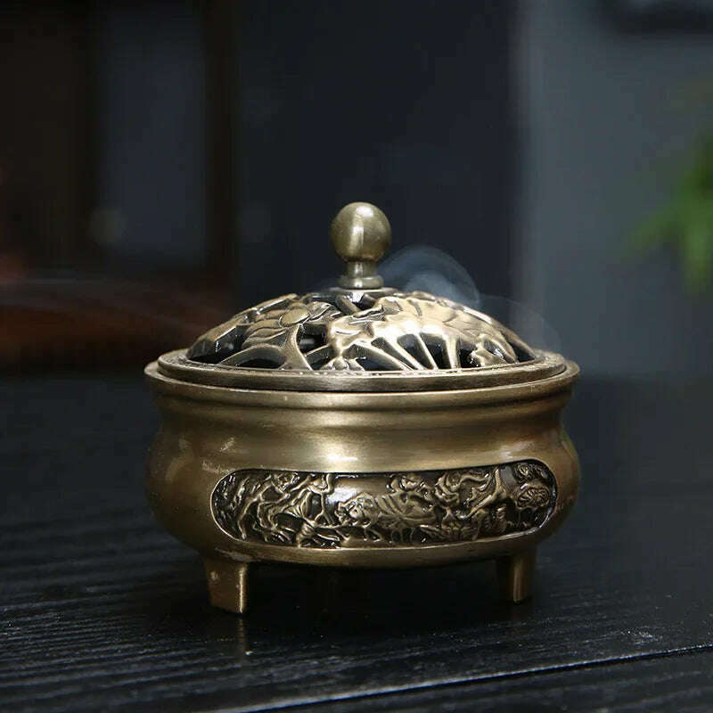 Vintage Brass Lotus Incense Burner Metal Buddhism Buddha Holder Hollow Out Copper Three Legged Sandalwood Censer Home Decoration - KIMLUD