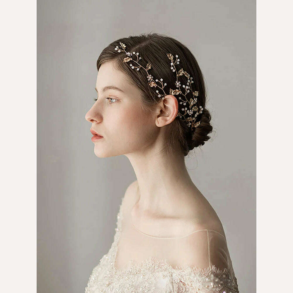 KIMLUD, Vintage Bridal Hair Accessories Gold Rhinestones Flower And Leaves Handmade Headband Bridal Headpiece Wedding Hair Accessories, KIMLUD Women's Clothes
