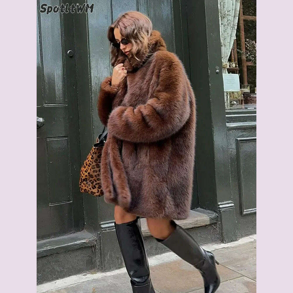 KIMLUD, Vintage Brown Lapel Imitation Faux Fur Coat Fashion Long Sleeve Pocket Thicken Fluffy Wram Women's Jacket Lady Street Outerwear, KIMLUD Womens Clothes
