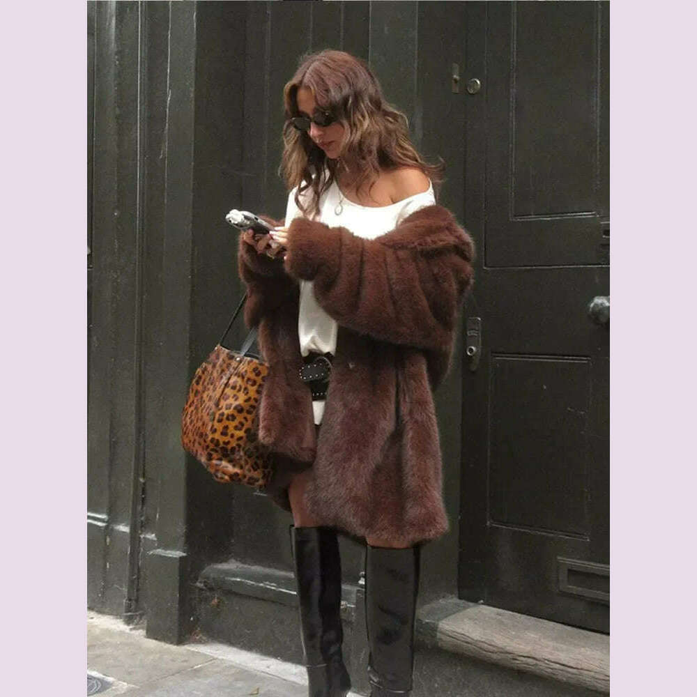KIMLUD, Vintage Brown Lapel Imitation Faux Fur Coat Fashion Long Sleeve Pocket Thicken Fluffy Wram Women's Jacket Lady Street Outerwear, KIMLUD Womens Clothes