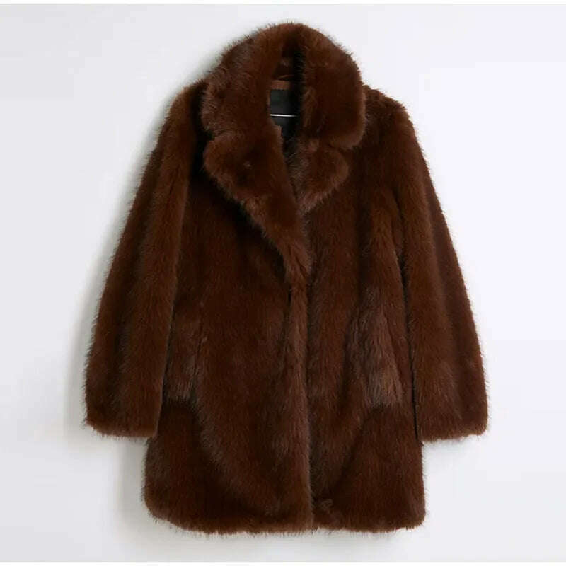 KIMLUD, Vintage Brown Lapel Imitation Faux Fur Coat Fashion Long Sleeve Pocket Thicken Fluffy Wram Women's Jacket Lady Street Outerwear, KIMLUD Womens Clothes