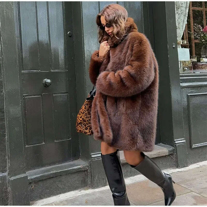 KIMLUD, Vintage Brown Lapel Imitation Faux Fur Coat Fashion Long Sleeve Pocket Thicken Fluffy Wram Women's Jacket Lady Street Outerwear, KIMLUD Womens Clothes