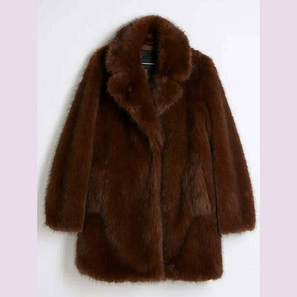 KIMLUD, Vintage Brown Lapel Imitation Faux Fur Coat Fashion Long Sleeve Pocket Thicken Fluffy Wram Women's Jacket Lady Street Outerwear, dark brown / L, KIMLUD APPAREL - Womens Clothes
