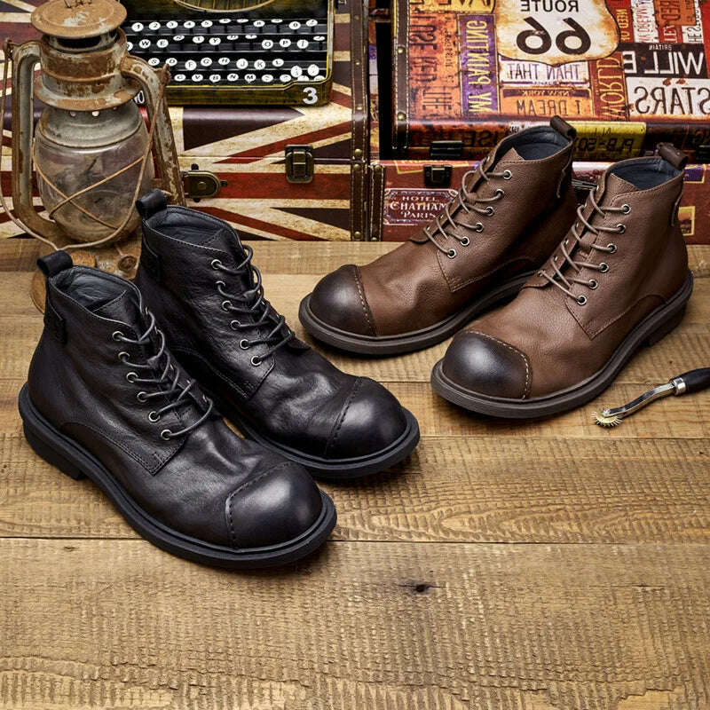 KIMLUD, Vintage Business Mens Boots Luxury Genuine Cow Leather Spring Work Shoes 2023 New Style Full Grain Leather Round Toe Ankle Boots, KIMLUD Womens Clothes