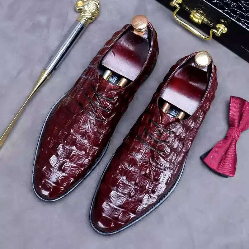 KIMLUD, Vintage Business Oxfords for Men Crocodile Print Pointed Toe Lace-Up Leisure Flats Soft Bottom Male Footwear Leather Shoes, KIMLUD Womens Clothes