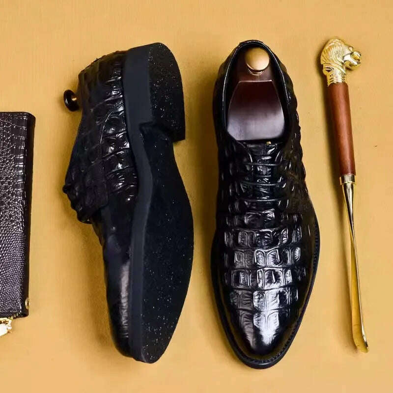 KIMLUD, Vintage Business Oxfords for Men Crocodile Print Pointed Toe Lace-Up Leisure Flats Soft Bottom Male Footwear Leather Shoes, KIMLUD Womens Clothes