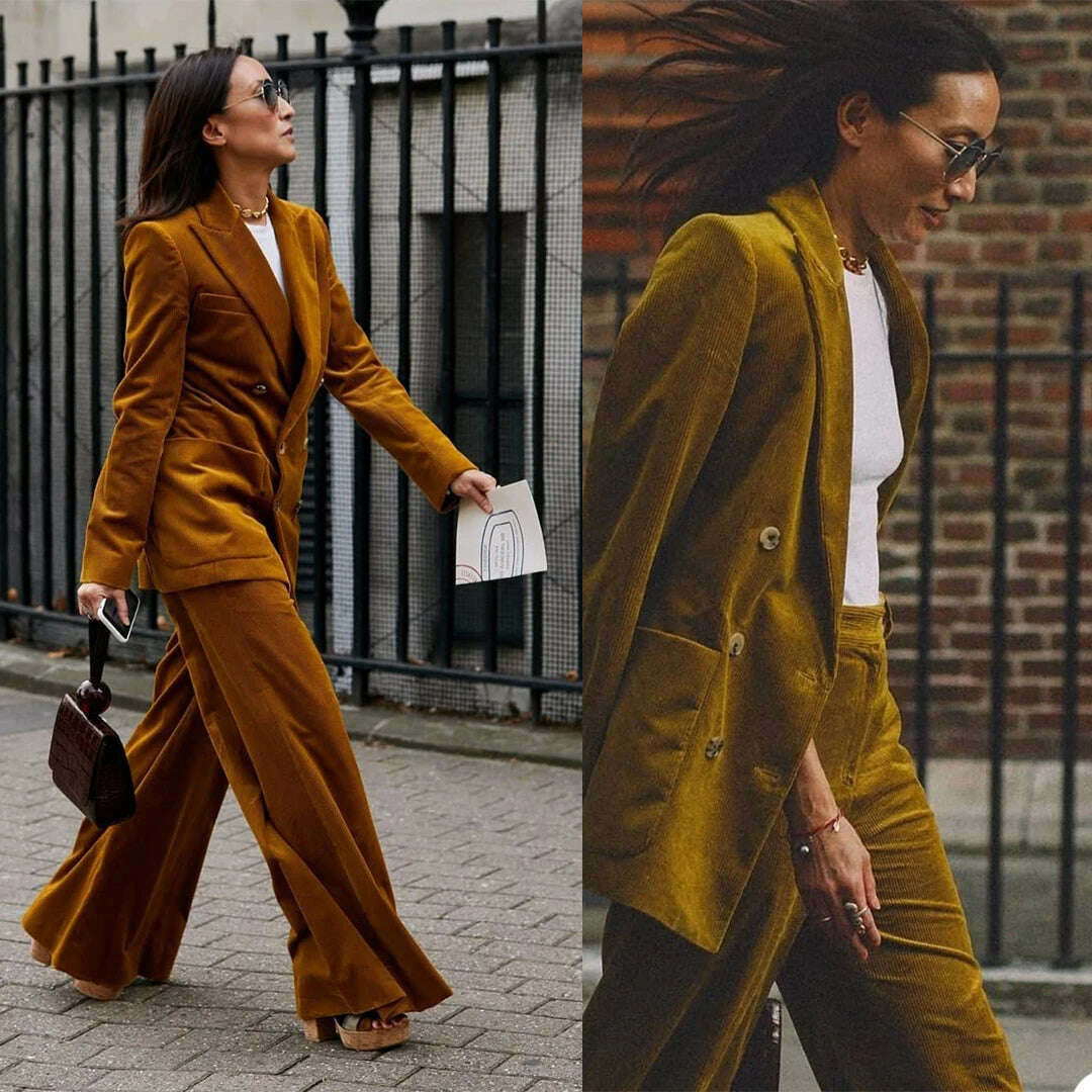 KIMLUD, Vintage Corduroy Women Suits Fashion Elegant Custom Made Blazer Wide Leg Pants Streetwear Casual Jacket 2 Pieces Set, army green / 16, KIMLUD APPAREL - Womens Clothes