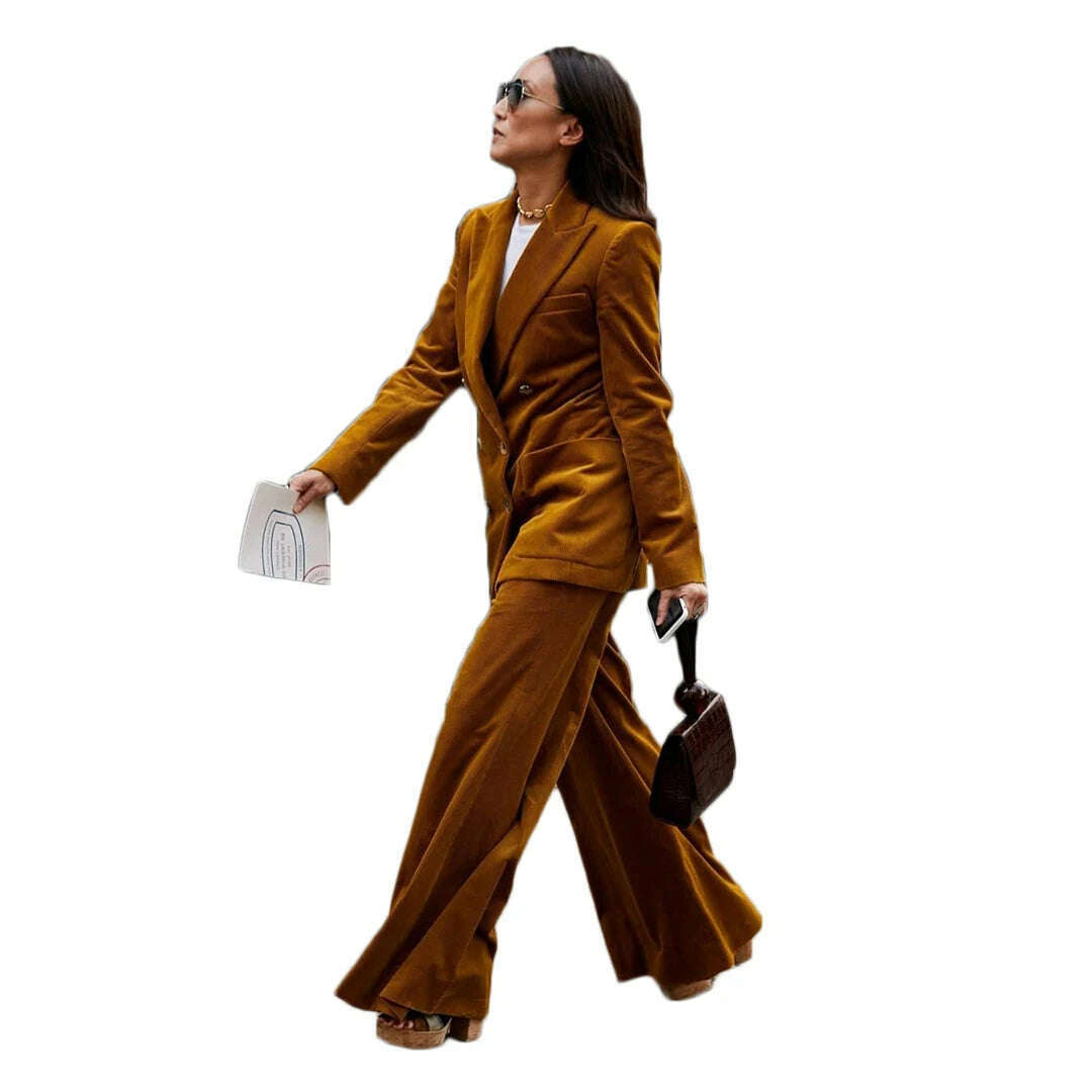 KIMLUD, Vintage Corduroy Women Suits Fashion Elegant Custom Made Blazer Wide Leg Pants Streetwear Casual Jacket 2 Pieces Set, picture color / 20W, KIMLUD Women's Clothes
