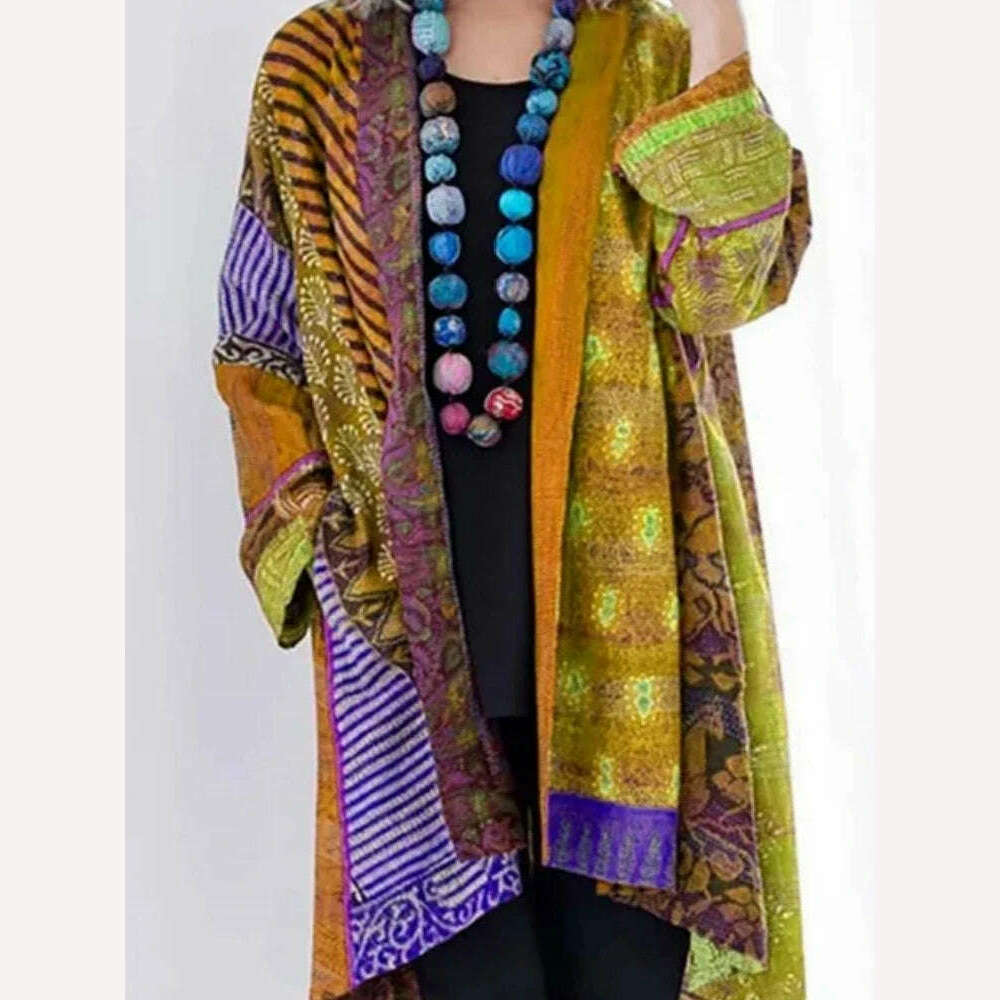 KIMLUD, Vintage Cotton Linen Loose Ethnic Style Print Knitted Cardigan Large Size Long Sleeve Coat Autumn Retro Women's Sweater 2024, Yellow / XXL / CHINA, KIMLUD APPAREL - Womens Clothes