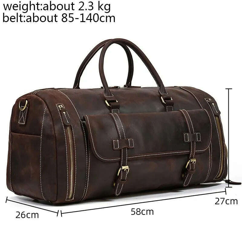 KIMLUD, Vintage Crazy Horse leather Travel Bag With Shoe Pocket 20 inch big capacity Real Leather Weekend luuage Bag large Messenger Bag, Dark brown(58cm) / China, KIMLUD Womens Clothes