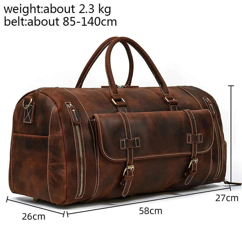 KIMLUD, Vintage Crazy Horse leather Travel Bag With Shoe Pocket 20 inch big capacity Real Leather Weekend luuage Bag large Messenger Bag, Coffee Brown(58cm) / China, KIMLUD Womens Clothes