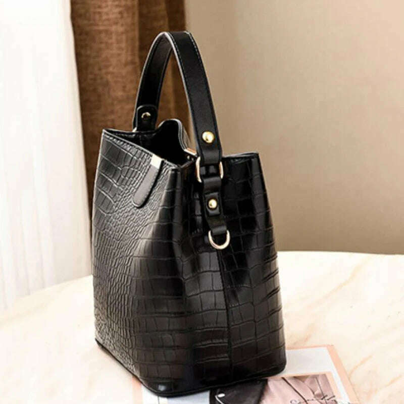 KIMLUD, Vintage Crocodile Pattern Bucket Bag Women PU Leather Shoulder Bag Big Capacity Handbag Luxury Crossbody Bag Advanced Lady Purse, KIMLUD Womens Clothes