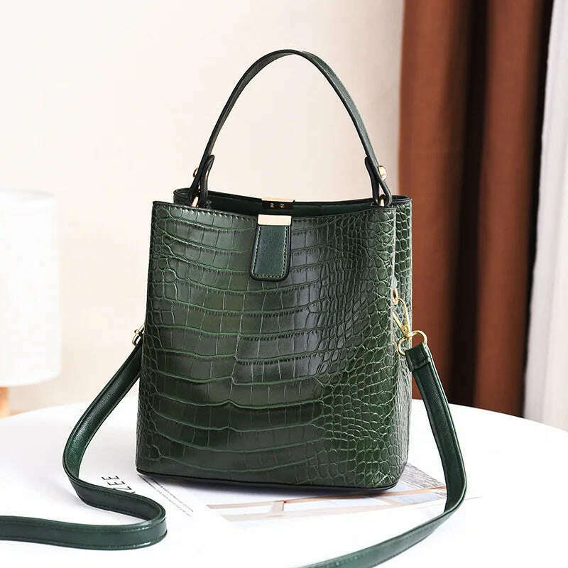 KIMLUD, Vintage Crocodile Pattern Bucket Bag Women PU Leather Shoulder Bag Big Capacity Handbag Luxury Crossbody Bag Advanced Lady Purse, green / 20x14x22cm, KIMLUD Women's Clothes