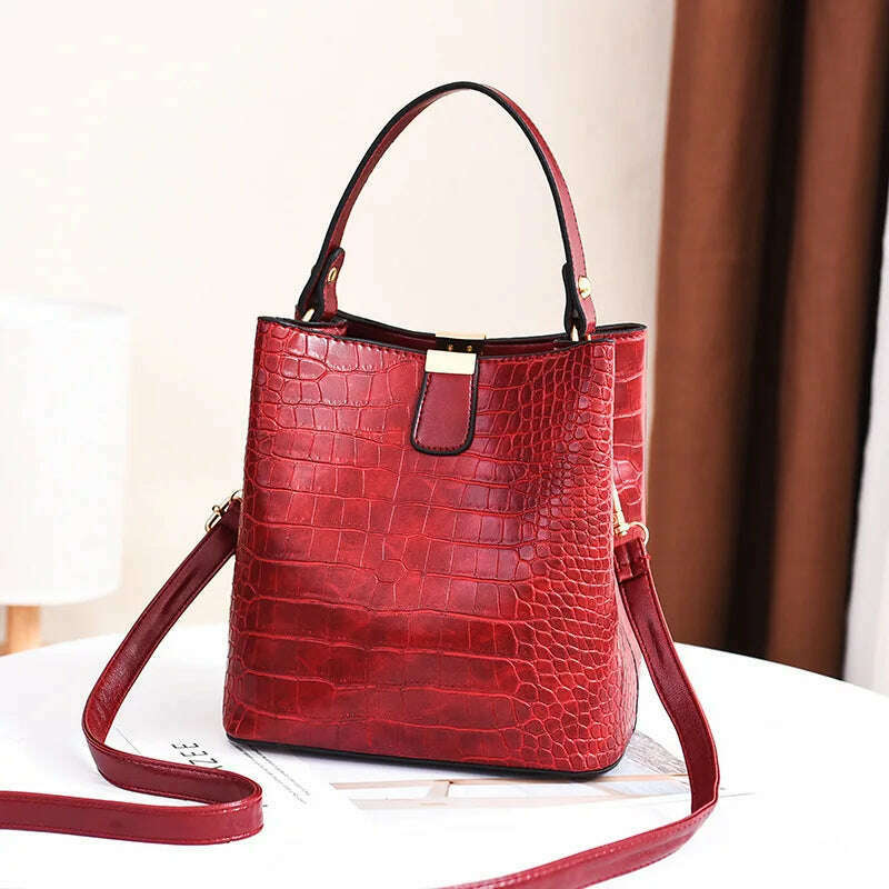 KIMLUD, Vintage Crocodile Pattern Bucket Bag Women PU Leather Shoulder Bag Big Capacity Handbag Luxury Crossbody Bag Advanced Lady Purse, red / 20x14x22cm, KIMLUD Womens Clothes