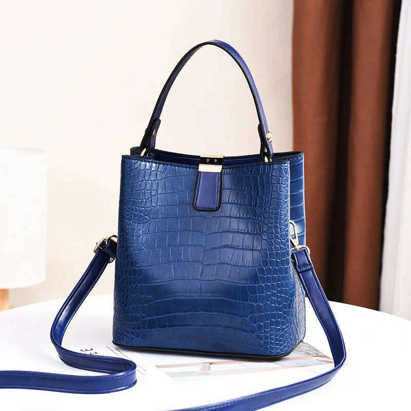 KIMLUD, Vintage Crocodile Pattern Bucket Bag Women PU Leather Shoulder Bag Big Capacity Handbag Luxury Crossbody Bag Advanced Lady Purse, darkblue / 20x14x22cm, KIMLUD Womens Clothes