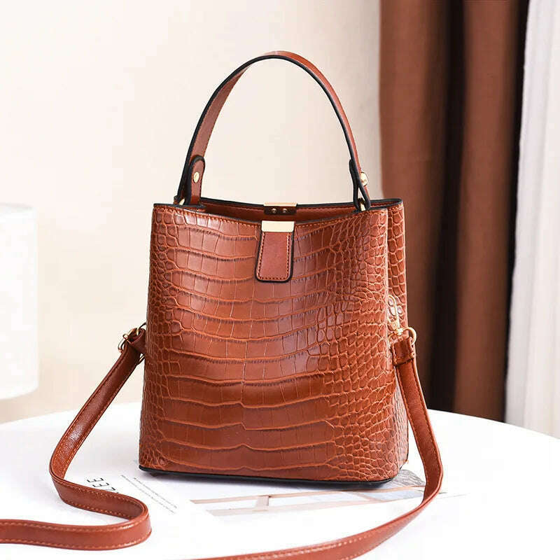 KIMLUD, Vintage Crocodile Pattern Bucket Bag Women PU Leather Shoulder Bag Big Capacity Handbag Luxury Crossbody Bag Advanced Lady Purse, brown / 20x14x22cm, KIMLUD Womens Clothes