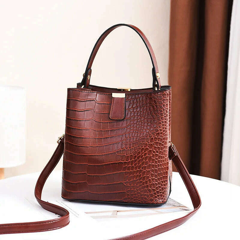 KIMLUD, Vintage Crocodile Pattern Bucket Bag Women PU Leather Shoulder Bag Big Capacity Handbag Luxury Crossbody Bag Advanced Lady Purse, darkred / 20x14x22cm, KIMLUD Womens Clothes