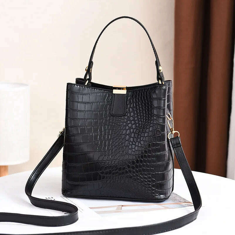 KIMLUD, Vintage Crocodile Pattern Bucket Bag Women PU Leather Shoulder Bag Big Capacity Handbag Luxury Crossbody Bag Advanced Lady Purse, black / 20x14x22cm, KIMLUD Womens Clothes