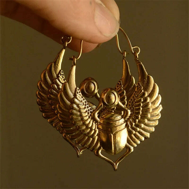 Vintage Egyptian Inspired Designs Sacred Wings Scarab Large Hoops Earrings Gypsy Tribal Women Gold Color Earrings Party Gift - KIMLUD