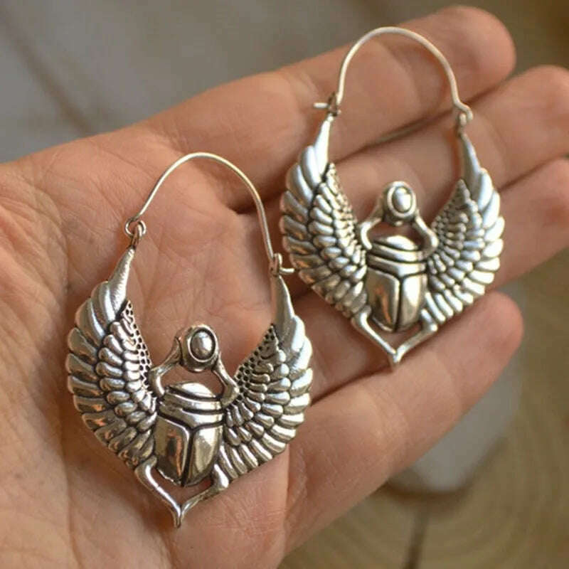 KIMLUD, Vintage Egyptian Inspired Designs Sacred Wings Scarab Large Hoops Earrings Gypsy Tribal Women Gold Color Earrings Party Gift, Silver, KIMLUD Womens Clothes