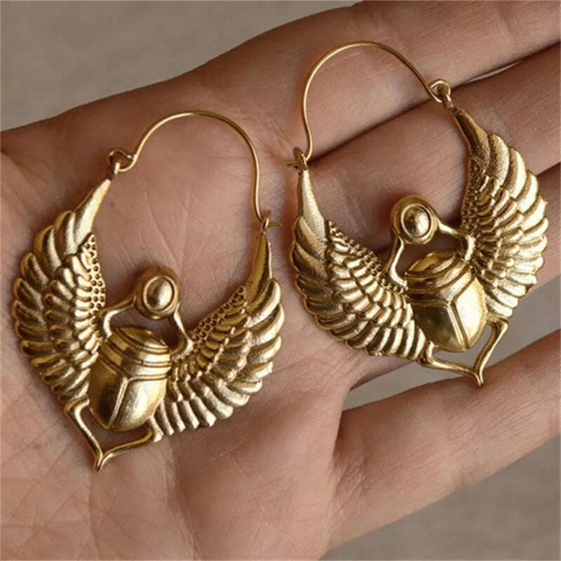 KIMLUD, Vintage Egyptian Inspired Designs Sacred Wings Scarab Large Hoops Earrings Gypsy Tribal Women Gold Color Earrings Party Gift, Gold, KIMLUD Womens Clothes