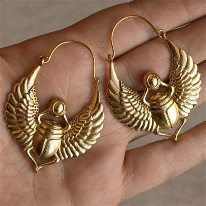 Vintage Egyptian Inspired Designs Sacred Wings Scarab Large Hoops Earrings Gypsy Tribal Women Gold Color Earrings Party Gift - KIMLUD