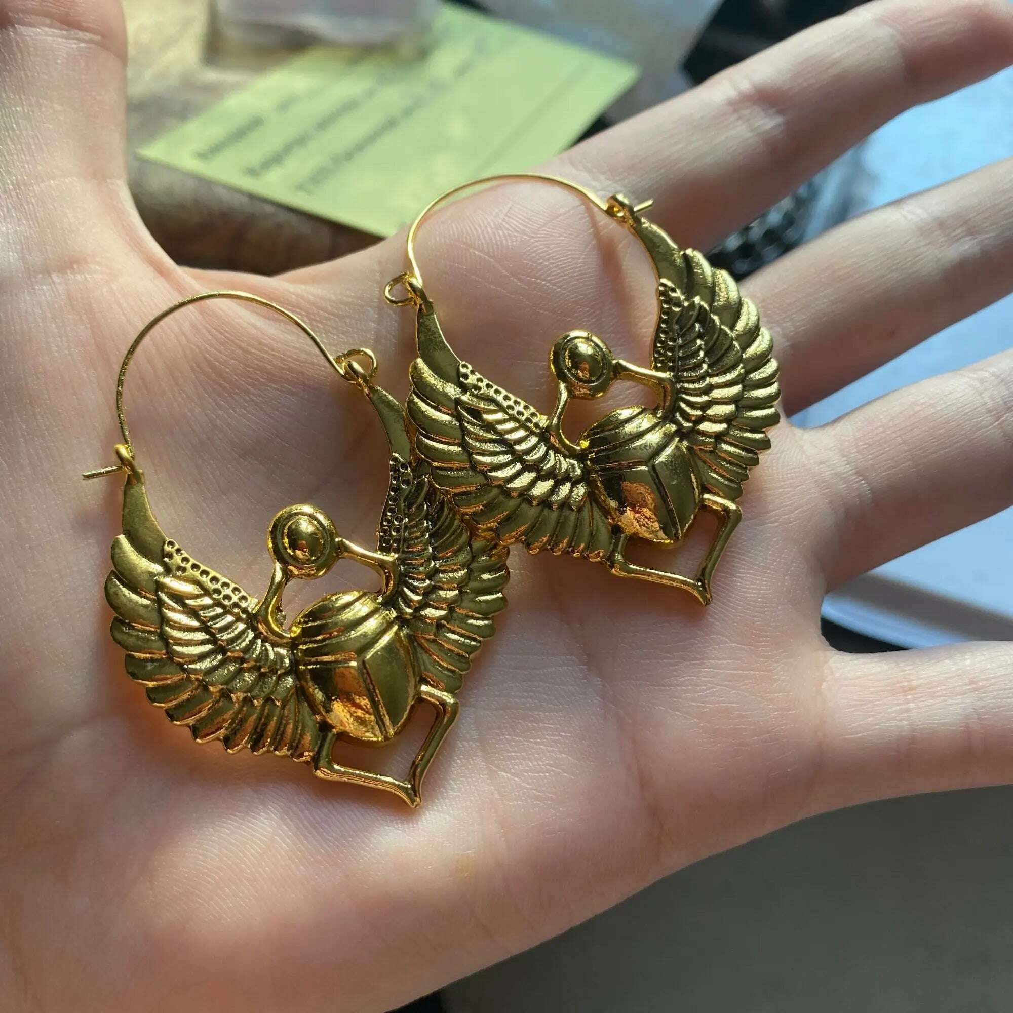 Vintage Egyptian Inspired Designs Sacred Wings Scarab Large Hoops Earrings Gypsy Tribal Women Gold Color Earrings Party Gift - KIMLUD