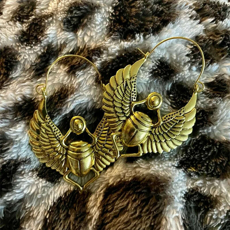 KIMLUD, Vintage Egyptian Inspired Designs Sacred Wings Scarab Large Hoops Earrings Gypsy Tribal Women Gold Color Earrings Party Gift, KIMLUD Womens Clothes