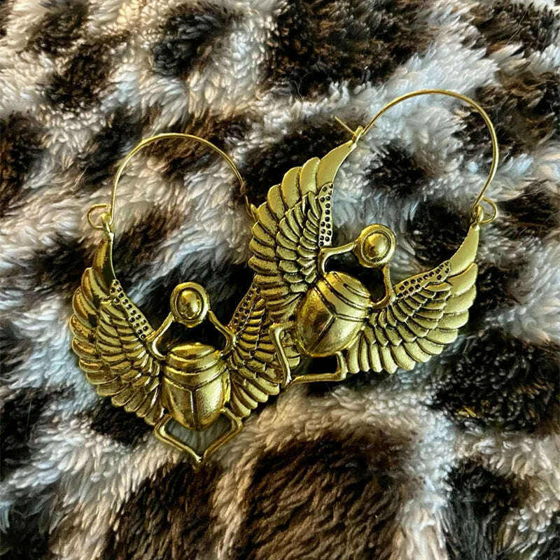 Vintage Egyptian Inspired Designs Sacred Wings Scarab Large Hoops Earrings Gypsy Tribal Women Gold Color Earrings Party Gift - KIMLUD