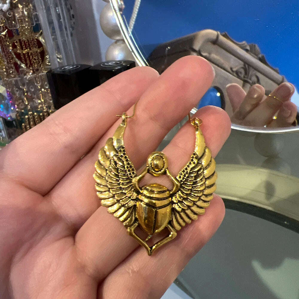 Vintage Egyptian Inspired Designs Sacred Wings Scarab Large Hoops Earrings Gypsy Tribal Women Gold Color Earrings Party Gift - KIMLUD