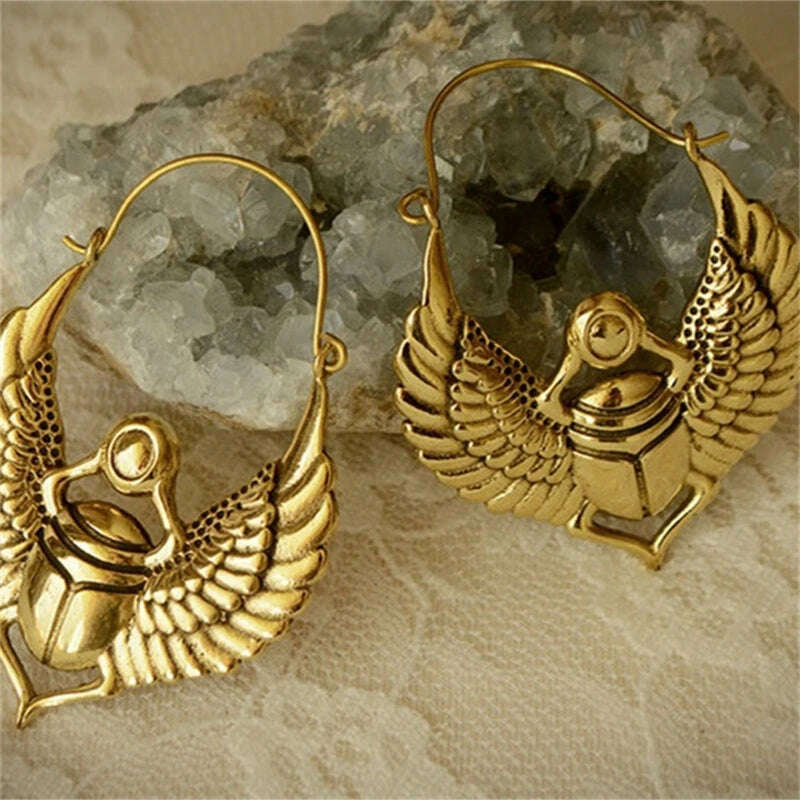 KIMLUD, Vintage Egyptian Inspired Designs Sacred Wings Scarab Large Hoops Earrings Gypsy Tribal Women Gold Color Earrings Party Gift, KIMLUD Womens Clothes